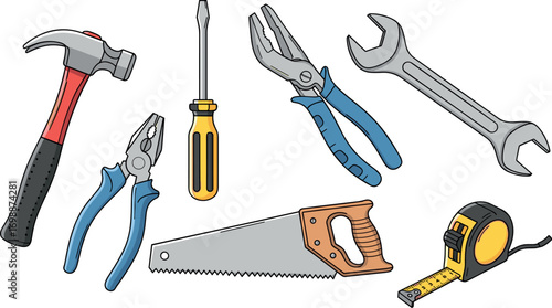 Illustration of various hand tools on white background on transparent background