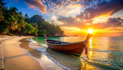 A serene tropical beach at sunrise, featuring a wooden boat gently resting on the shore, displays a vibrant and peaceful atmosphere.