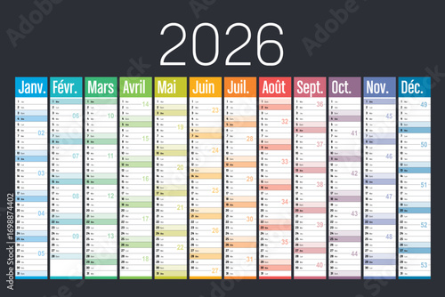 Year 2026 colorful wall calendar on black background, French language, France vector template