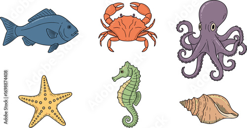Illustration of various sea creatures: fish, crab, octopus, starfish, seahorse, and seashell on transparent background