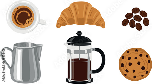 Coffee and pastries still life: cup, croissant, beans, milk pitcher, french press, and cookie on transparent background