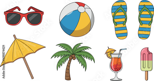 Cartoon illustration of summer beach items on transparent background