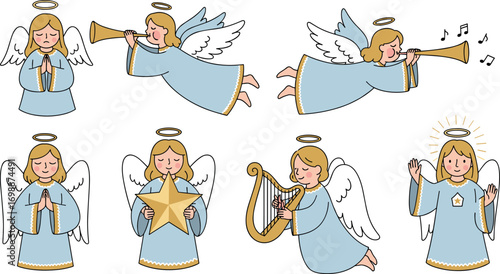 Cartoon angels with instruments, stars, and prayer on transparent background