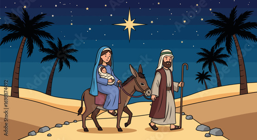 Nativity scene depicting mary, baby jesus, and joseph traveling on transparent background