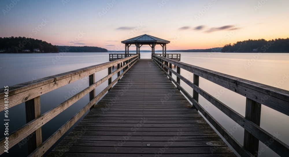 Fototapeta premium Tranquil sunrise over serene lake with wooden pier and gazebo