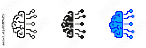 Pixelated Brain with Circuits Icon Set. Artificial Intelligence and Neural Network Symbol. AI Technology with Circuit Elements Design. Isolated Vector Illustration