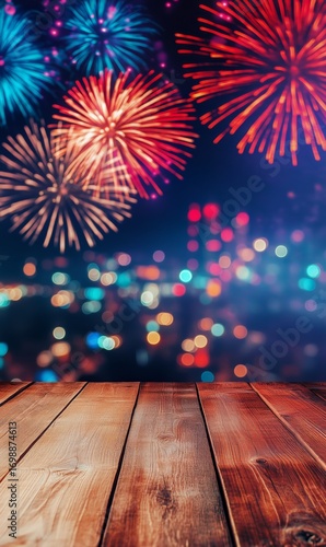 Celebratory Fireworks Over a Blurry City at Night Viewed From a Wooden Table.