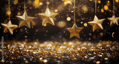 Golden Stars Hanging With Shiny Confetti on Black Background for Celebrations