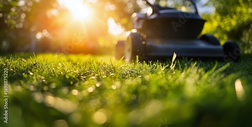 Ground Level Shows Lawnmower on Green Grass in Backyard During Golden Hour