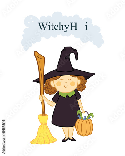 Character of a good, cheerful witch with a broom