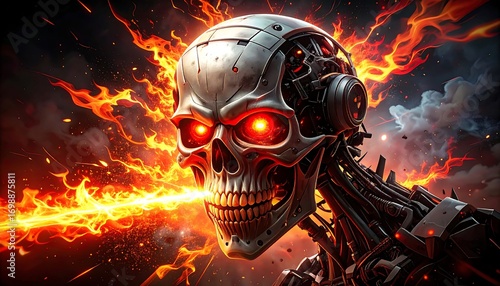 Cyborg skull with glowing red eyes, amidst raging fire and smoke