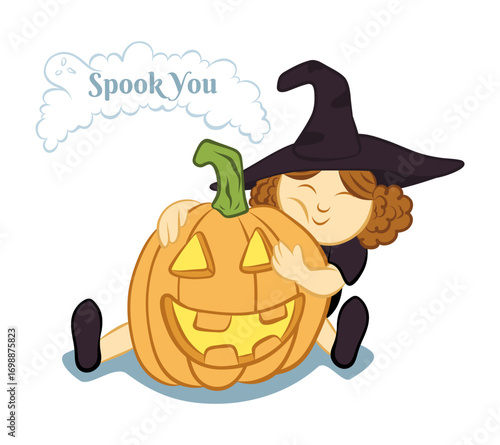 Character of a good, cheerful witch with a pumpkin
