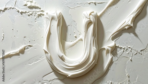 A stylized, creamy white letter U, formed with textured paint strokes, set against a backdrop of rough, light-gray plaster.