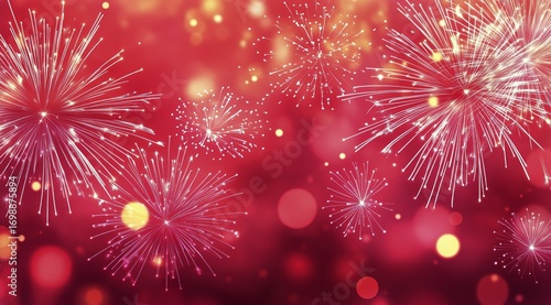 Fireworks Explode in a Dazzling Display of Light Against a Crimson Backdrop D...