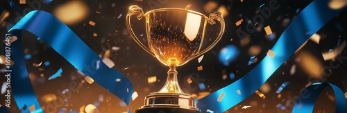 Golden Trophy Shines Amidst Falling Confetti and Flowing Blue Ribbons Celebra...