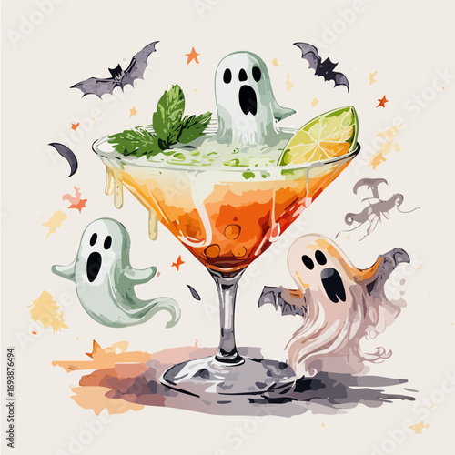 Ghostly Margarita Vector Cocktail Collection with Cute Spirits and Spooky Garnishes