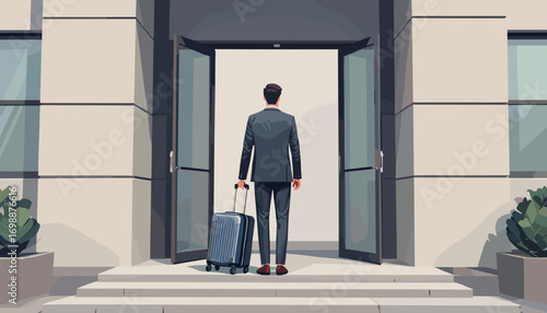 Businessman with a suitcase in a professional mood departing for a business trip in a modern building lobby