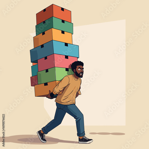 Man with a strained expression carrying a large stack of shopping boxes after a sale with copy space