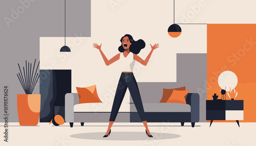 Woman with a shocked expression screaming in a modern living room