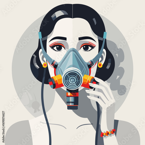 Stylized graphic illustration of a woman wearing a respirator mask for health and safety