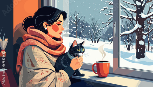 Woman with a cat in a cozy mood enjoying a hot drink by the window on a snowy winter day