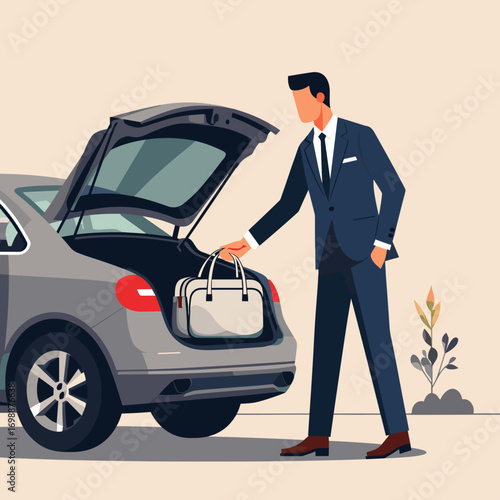 Man in a business suit carefully placing a sports bag into the trunk of a modern car
