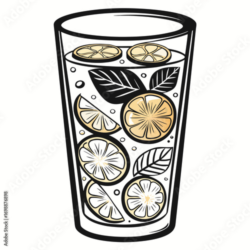 Glass of detox water with lemon slices and mint leaves illustration  