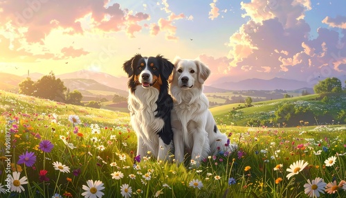 Fototapeta Naklejka Na Ścianę i Meble -  Two dogs sit amongst a vibrant meadow filled with wildflowers under a warm sunset sky.