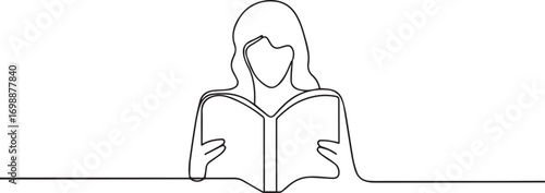 woman reading book continuous one continuous line art, Vector illustration, One line art, Line art graphic style.