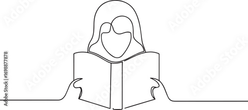 woman reading book continuous one continuous line art, Vector illustration, One line art, Line art graphic style.