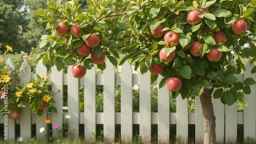 Apple tree garden backyard with red apples and white picket fence summer season home gardening fruit harvest
