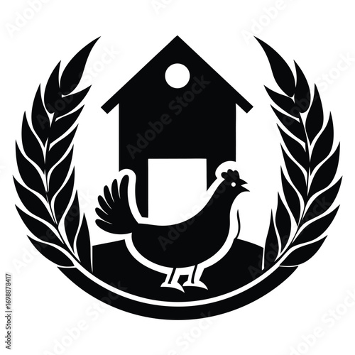 Family Farm Logo with Chicken Barn and Wheat  