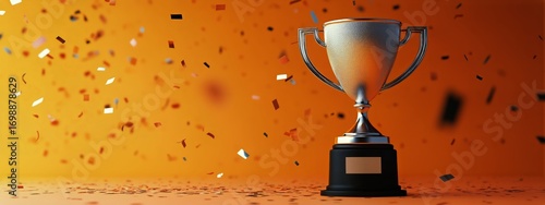 Silver Trophy Glistens Against Warm Orange Background as Confetti Falls Down