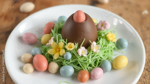 Chocolate easter egg nest dessert recipe, easter candy treats and spring holiday food ideas and decorations