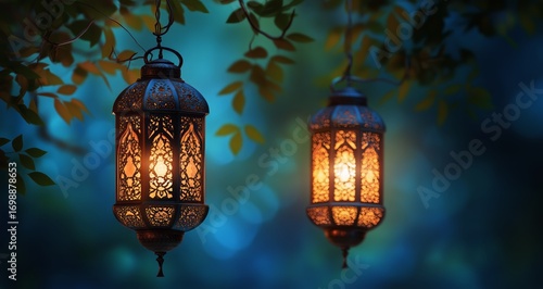 Two Illuminated Arabic Lanterns Hanging From Branches Against a Blurred Night...