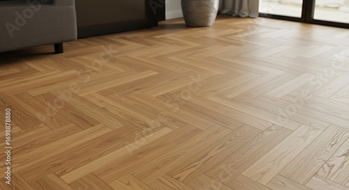 Elegant herringbone wooden parquet floor in a contemporary room with natural light, perfect for interior design