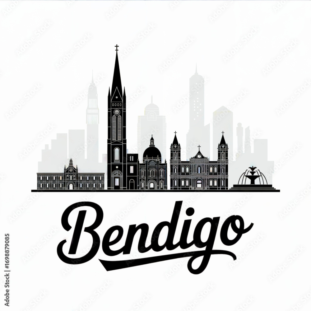 Fototapeta premium Bendigo Australia Skyline Silhouette — A Historic Victorian Gold Rush City Vector Illustration
