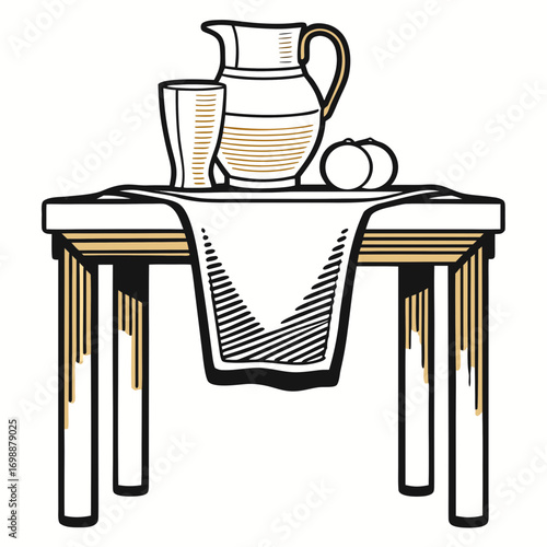 Table setting with pitcher, glass, and apples in minimal style  