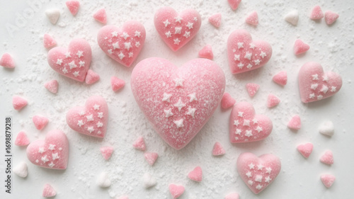 Pink heart candy sweets love valentine's day treats dessert confectionery star shapes sugar sprinkled background