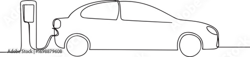 Electric car at charging stations continuous one continuous line art, Vector illustration, One line art, Line art graphic style.