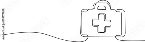 first aid box kit continuous one continuous line art, Vector illustration, One line art, Line art graphic style.