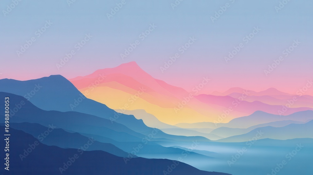 Fototapeta premium Majestic mountain range depicted with layered silhouettes in shades of blue and purple, illuminated by a soft gradient of pink and yellow from the sky, creating a sense of depth and tranquility