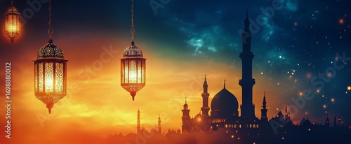 Ramadan Lantern Glows in Front of Illuminated Mosque at Night With Stars.