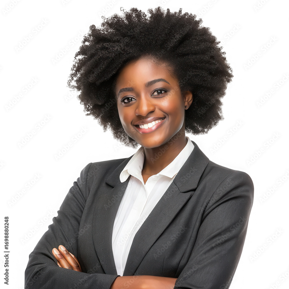 © Nizam - Confident young black woman in business attire with voluminous hair smiling