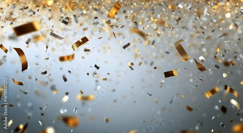 Celebratory Gold and Silver Confetti Floating Downward During New Years Eve E...