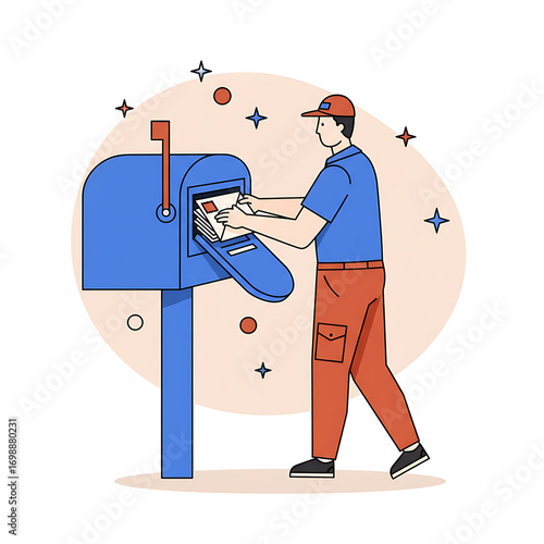 person inserting mail: Mail carrier placing letter into blue mailbox against abstract background  