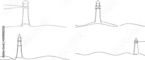 4 lighthouse tower continuous one continuous line art, Vector illustration, One line art, Line art graphic style.