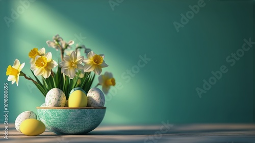 Decorated Easter Eggs and Fresh Daffodils in a Blue Bowl for Spring in the Ho...
