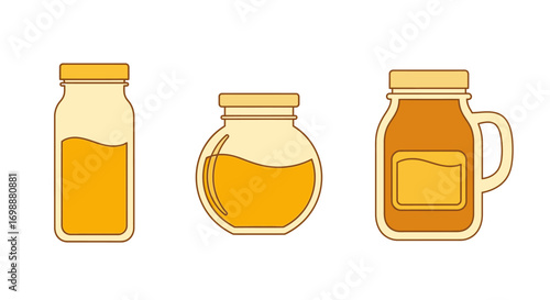 A collection of three stylized glass jars of golden honey in a simple, flat line art illustration.