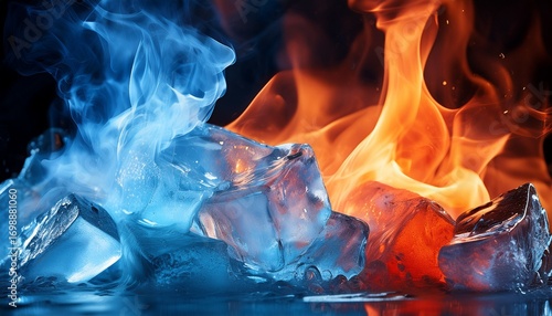 contrast of cold and hot represented by blue ice and red flames sharp and detailed elements blending in a dynamic background